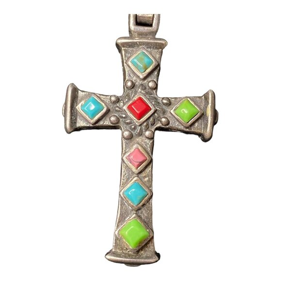 Cross Pendant With 7 Stones: Turquoise Red Coral Rhodonite Magnesite & Sterling - Picture 2 of 8